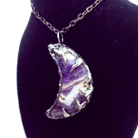 Chevron amethyst moon crystal necklace handmade gothic fantasy metalwork - Picture 16 of 16